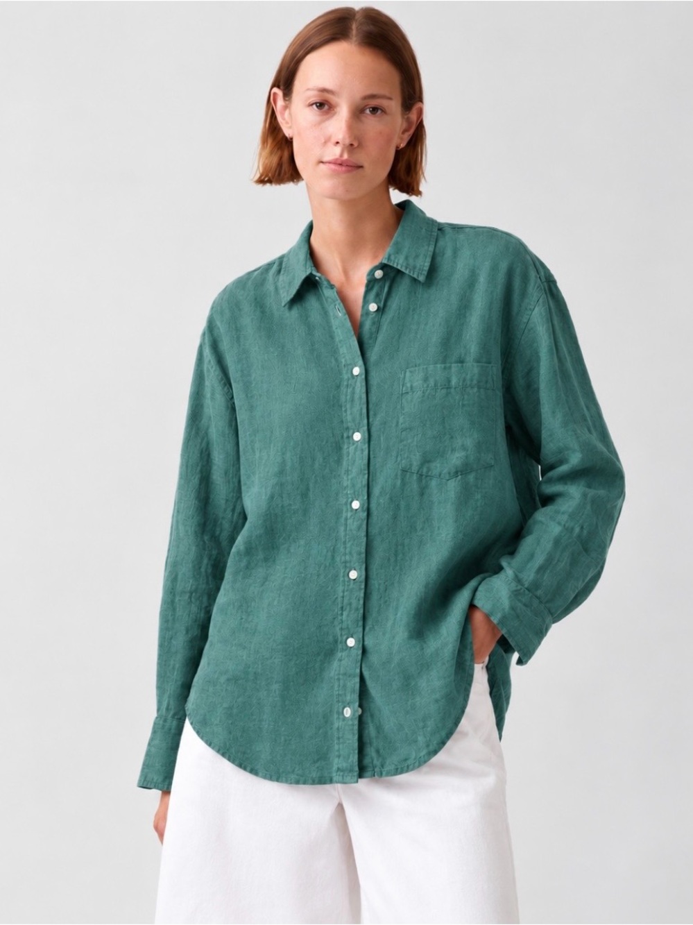 Gap Linen Boyfriend Shirt Oversized S Green Coastal Travel Lagenlook Classic